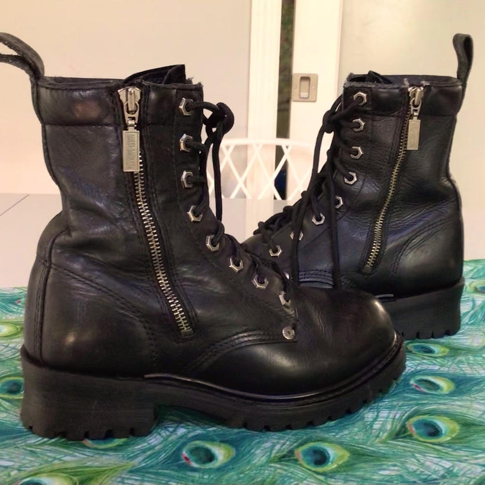 HARLEY DAVIDSON BLACK LEATHER BOOTS LACE UP/ SIDE ZIPPER SIZE 8